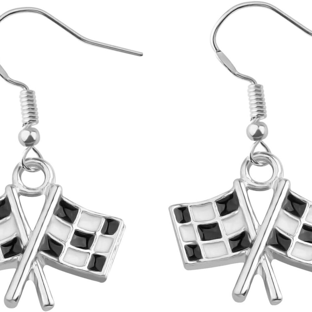 Race Charm Earrings Stainless Steel Dangle Checkered Flag Racing Gift for Women